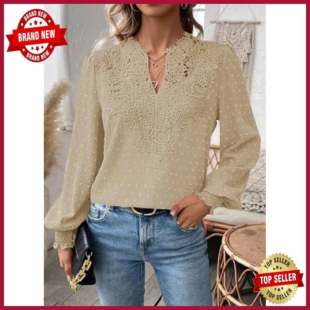 Swiss Dot Chiffon Blouse Long Sleeve V Neck Flowy Lace Hem - Picture 7 of 8
